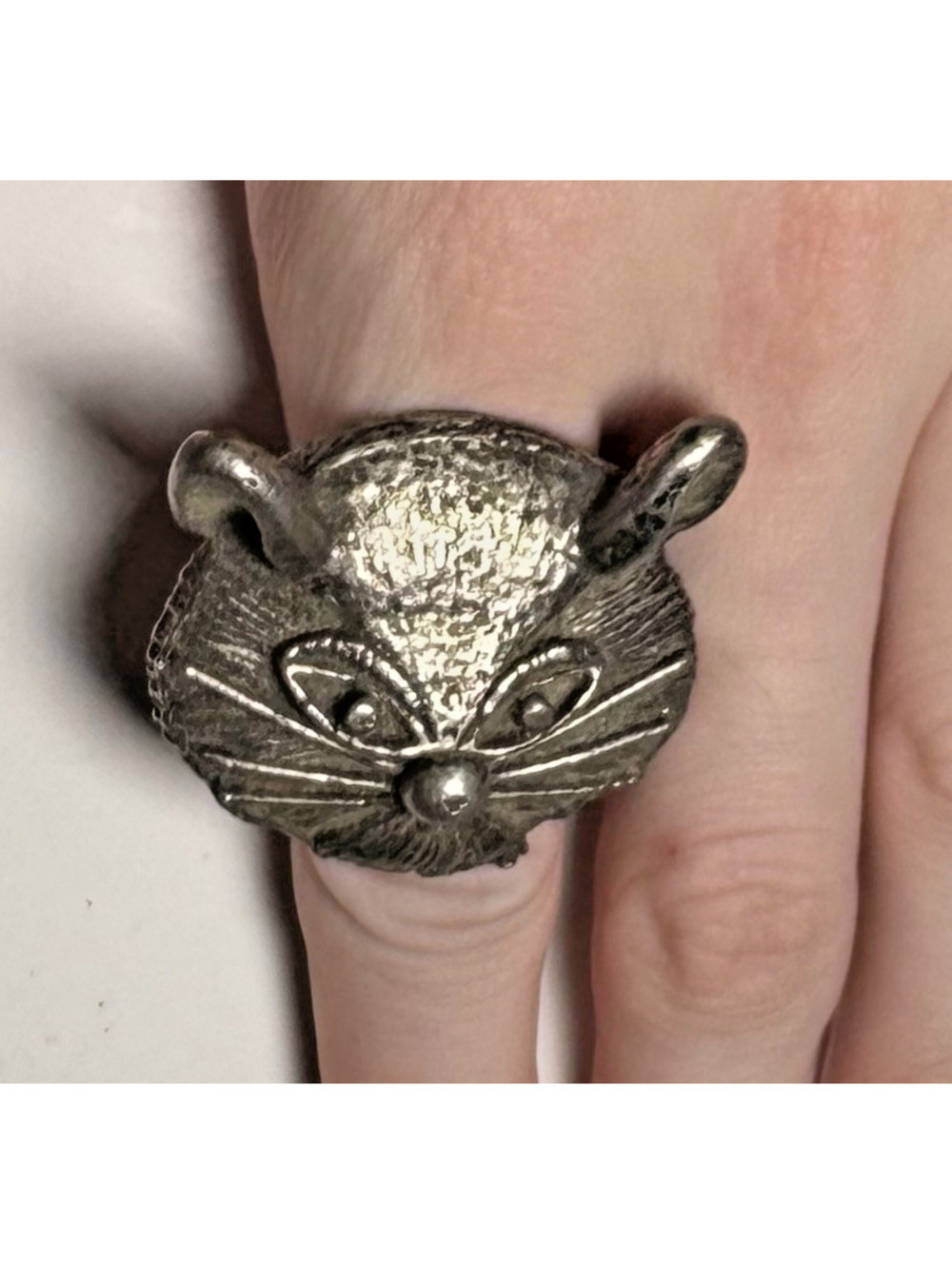 Vintage Large Cat Face Ring Silver Tone Adjustable Statement Ring Size 7.5-8